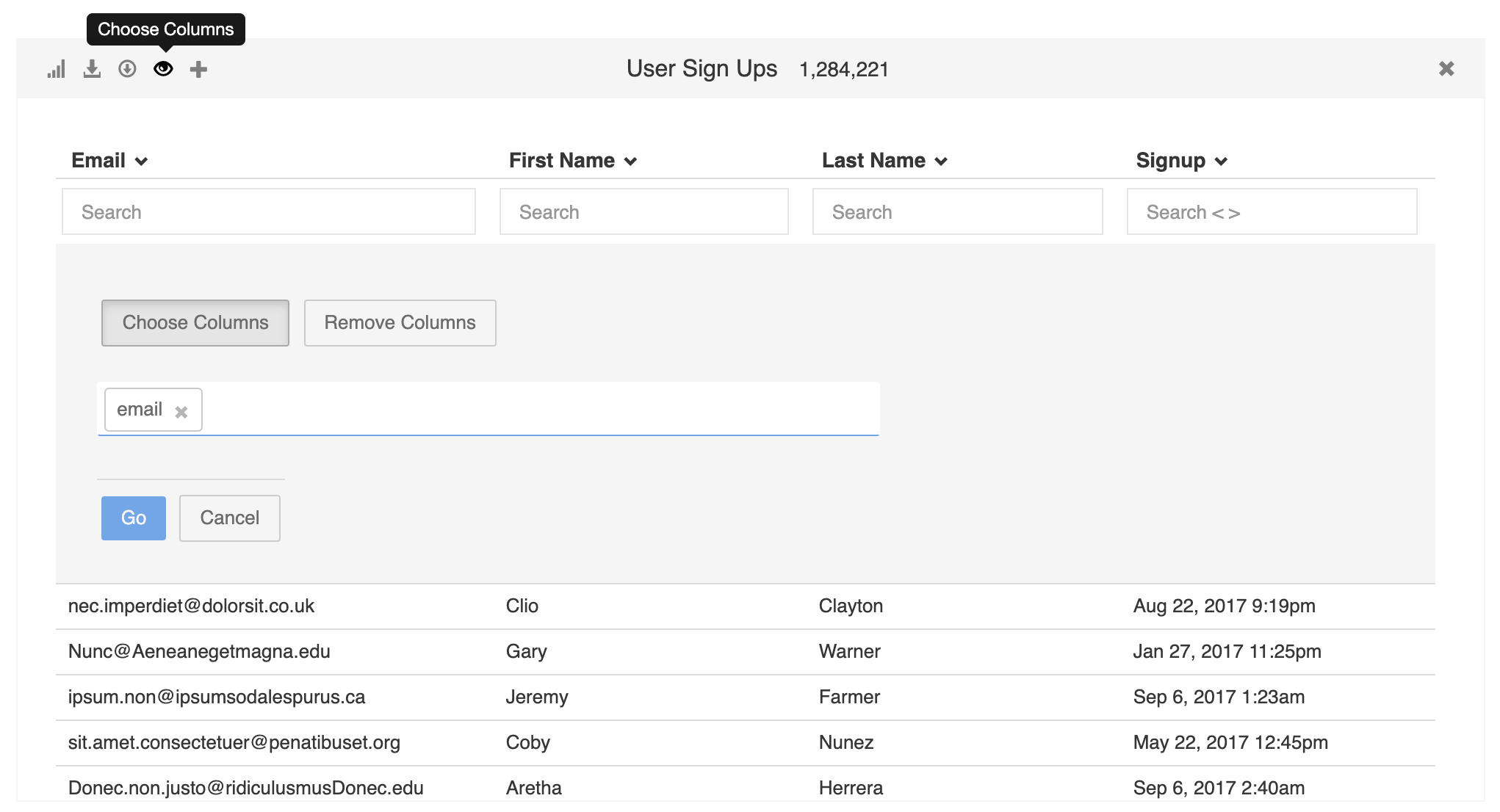 Screenshot of CSV Explorer software showing how to choose or remove columns from CSV file